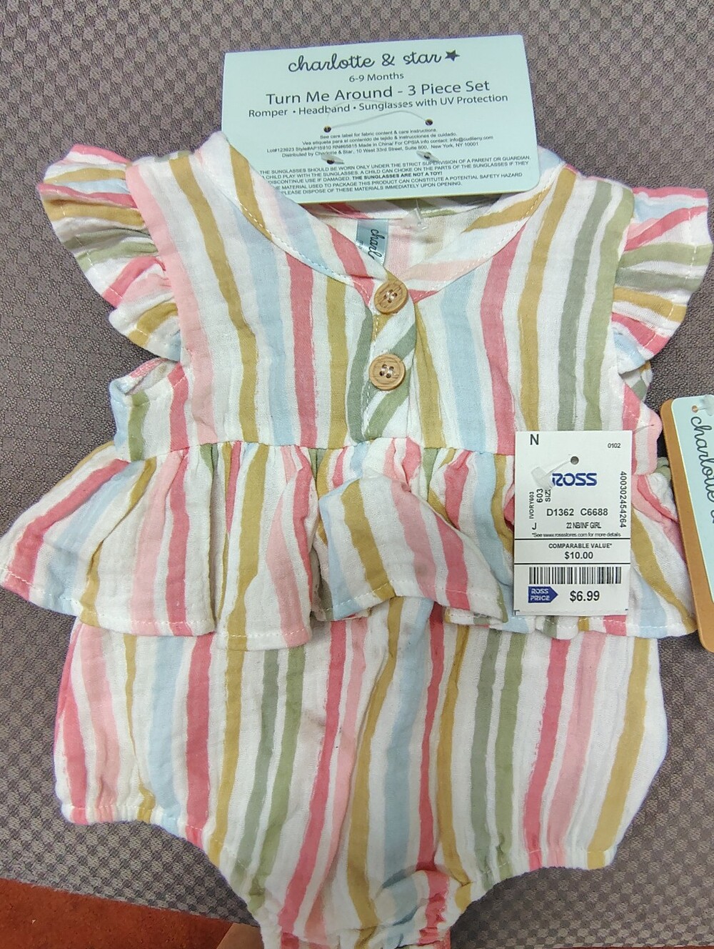 Baby Striped Romper By Charlotte & Star Size 6-9 M